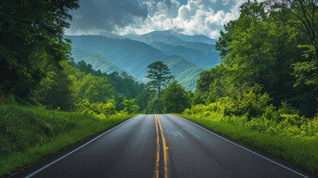A tranquil road extending towards the Great Smoky Mountains National Park, Tennessee, surrounded by lush greenery and mountain viewsの素材