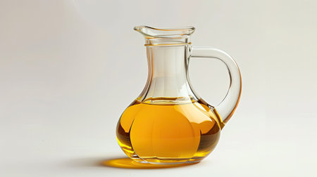 Glass jug containing cooking oil, isolated on white, highlighting clarity and purityの素材