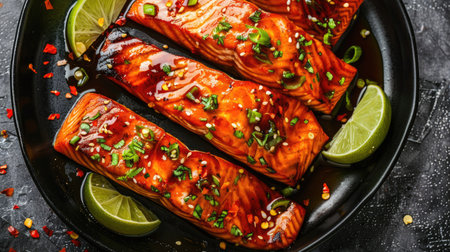 Close-up of teriyaki salmon fillet with lime wedges on a black plate, horizontal view from above on a concrete tableの素材