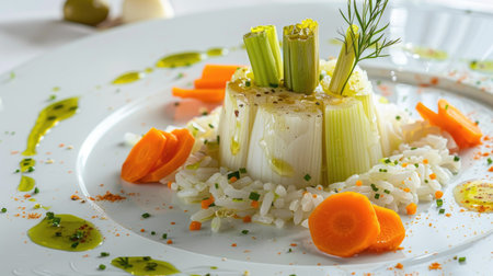 High-quality image of Zeytinyagli Pirasa: leeks cooked in olive oil with carrot slices and rice, presented on a white plateの素材