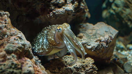 Cuttlefish camouflaged against a rocky backdrop, emphasizing its survival strategiesの素材