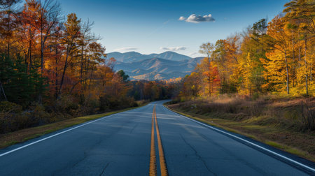 View of a long road extending towards the Great Smoky Mountains National Park, Tennessee, framed by vibrant forests and mountain viewsの素材