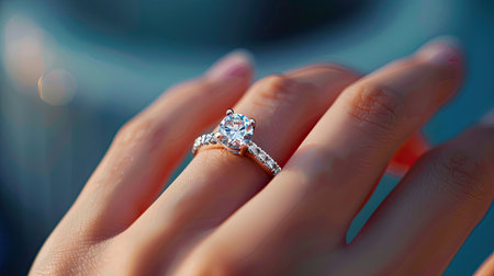 Close-up of a diamond-studded ring on a woman's ring finger, perfect for banners and posters in a corporate settingの素材