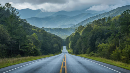 Long, straight road leading to the Great Smoky Mountains National Park, Tennessee, with dense forests and distant mountain peaksの素材