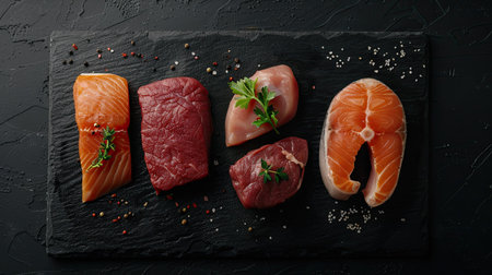 Close-up shot of raw veal, beef steaks, pork, chicken fillet, and salmon steak on a black stone surface, capturing the freshness of meatsの素材