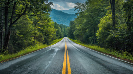 Long, picturesque road leading to the Great Smoky Mountains National Park, Tennessee, with a view of lush trees and mountain peaksの素材