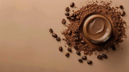 Coffee brown exfoliating cream on light brown background, top view adの素材