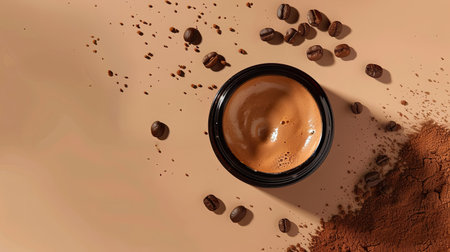 Coffee exfoliating cream on light brown backdrop, ad mockup, top viewの素材