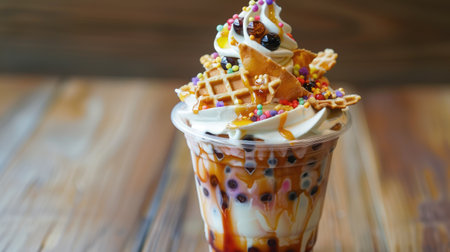 Boba sundae ice cream with vanilla flavor, clear cup, bubble tea, waffle chips toppingの素材