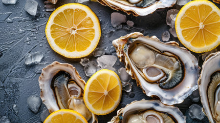 Detailed view of Dutch oysters, size number 1, with lemon slices. Fresh and alive raw seafood presentationの素材