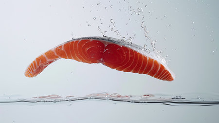 Dynamic shot of raw salmon in free fall against a white backdrop, showcasing its fresh appearance and textureの素材