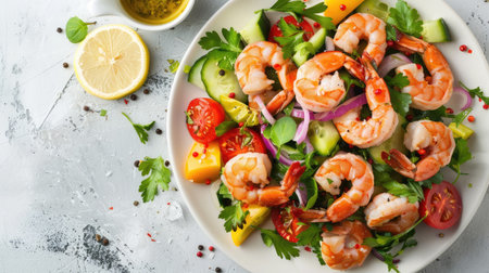 Delicious shrimp salad on white stone, capturing the fresh seafood and vibrant mix of vegetables, top viewの素材