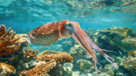 Cuttlefish swimming near a reef, with clear blue water as the backdropの素材