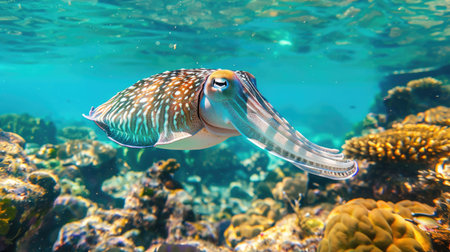 Cuttlefish swimming near a reef, with clear blue water as the backdropの素材