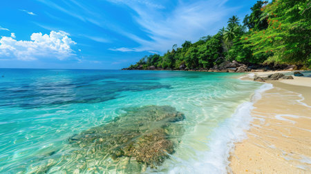 Beautiful beach with crystal clear water and sunny sky, ideal for tourism campaignsの素材