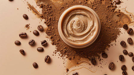 Coffee exfoliating cream on light brown background, ad mockup, top viewの素材