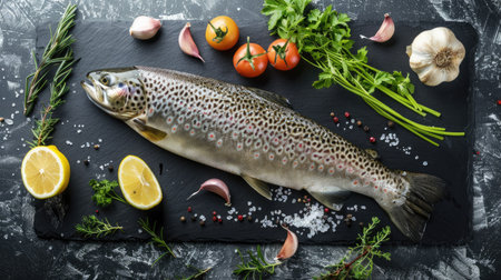 Fresh organic trout fillet accompanied by cooking ingredients such as garlic, herbs, and lemon on a black slate surface. Top view with space for textの素材