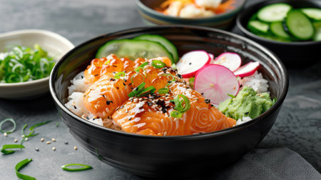 Salmon donburi with carved radish and vegetables, styled in Japanese cuisine, side view, capturing the beauty and detail of traditional food artの素材