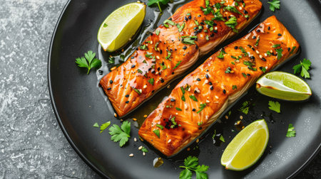Oven-baked teriyaki salmon fillet with lime wedges on a black plate, close-up view from above on a concrete table. Horizontal angleの素材