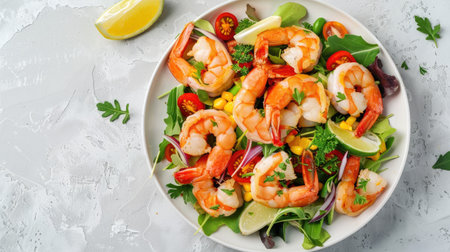 Fresh shrimp salad on a white stone surface, top view, showcasing vibrant colors and fresh, crispy ingredientsの素材