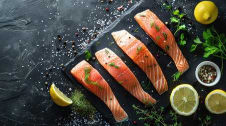 Raw organic trout fillet with fresh herbs and lemon on a black slate background. Top view with ample space for food styling and textの素材