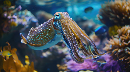 Magnificent cuttlefish hovering near a coral reef, emphasizing its role in the marine ecosystemの素材