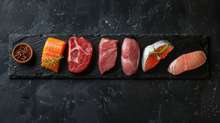 Top view of a set of raw veal, beef steaks, pork, chicken fillet, and salmon steak on a black stone background, ideal for culinary displaysの素材