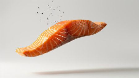 Isolated piece of raw salmon falling on a white backdrop, emphasizing its freshness and detailed appearanceの素材