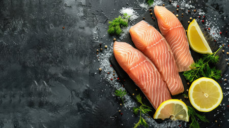 Raw fresh trout fillet with lemon and herbs on a dark stone surface. Top view showcasing the ingredients with ample space for textの素材