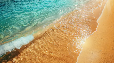 Golden sand beach with turquoise water and bright sun, ideal for tourism postersの素材