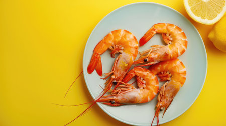 Freshly cooked shrimps on a plate, vibrant background, perfect for copy spaceの素材