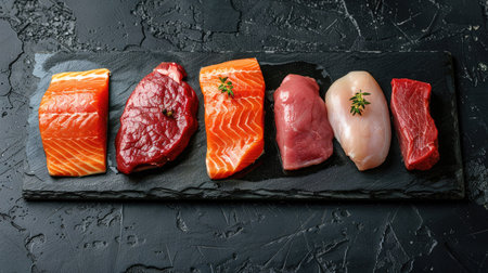 Set of raw veal, beef, pork, chicken fillet, and salmon steak on a black stone surface, capturing a variety of meat optionsの素材