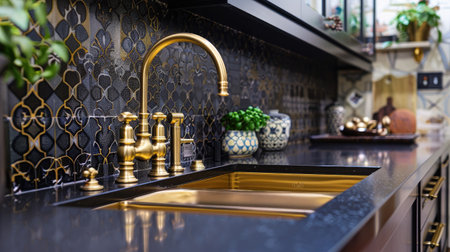 Elegant kitchen sink with sophisticated gold faucet, black countertop, and chic backsplashの素材