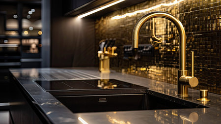 Gold faucet with black countertop and elegant backsplash in a sophisticated kitchenの素材
