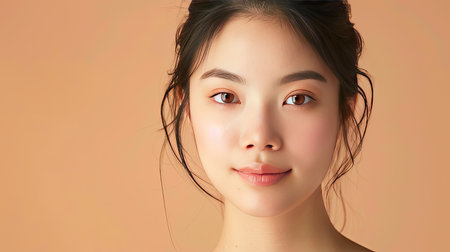Young Asian woman with flawless skin on beige background, face careの素材