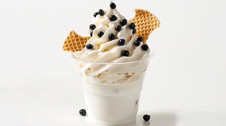 Vanilla soft serve ice cream with boba pearls and waffle chips in a clear cup, white backgroundの素材