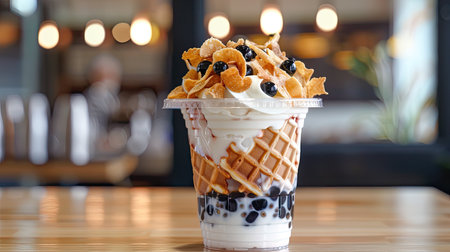 Vanilla ice cream topped with waffle chips and bubble tea pearls in a clear plastic cupの素材