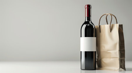 Close-up of a red wine bottle and a shopping bag with an empty label. Great for mockups and product presentation on a white backdrop.の素材