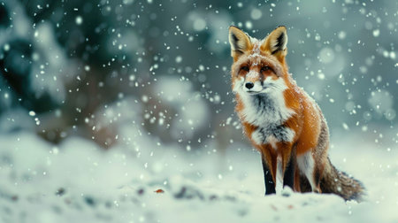 A majestic red fox in a picturesque winter wonderland, its elegant form beautifully contrasting with the white snow.の素材