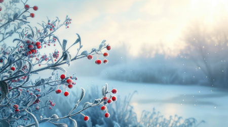 Frosty red rowan berries against a serene winter morning landscape, with a space for your message or text.の素材
