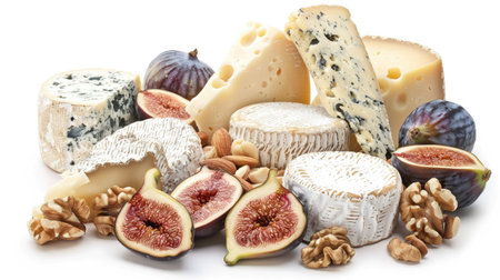 French organic cheese platter with figs and nuts, beautifully arranged and isolated on a white background. Perfect for food and drink photography.の素材