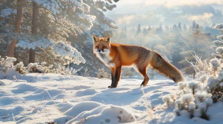 A stunning red fox in a picturesque snow-covered landscape, adding a touch of majesty to the winter scene.の素材
