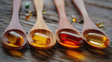 Soft gels, fish oil, and omega 3 capsules in a wooden spoon, vitamins D and Eの素材