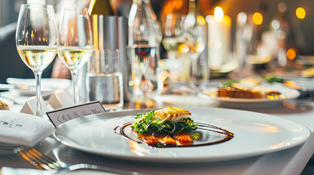 Luxurious dinner fish served on a fine dining plate, in a bustling luxury restaurant. Cozy ambiance and elegant setting.の素材