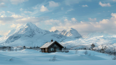Cozy remote cabin in the snowy wilderness of Tana, Norway, with a backdrop of snow-covered mountains and serene skies.の素材
