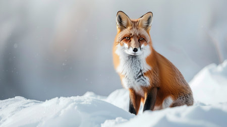 Majestic red fox standing out against a pristine white blanket of snow in a picturesque winter landscape.の素材