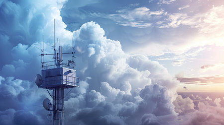 High-tech weather station against stormy clouds, monitoring wind speedの素材