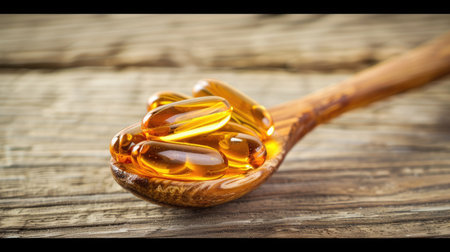 Wooden spoon with fish oil capsules, omega 3, omega 9, vitamins D, Eの素材