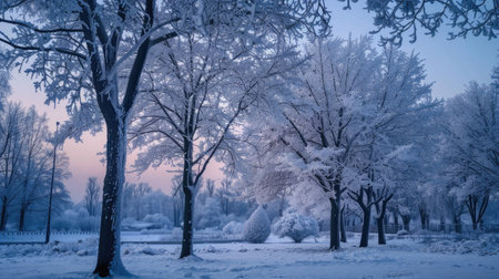 Frost-covered trees in a tranquil winter setting at dusk, with a serene twilight sky and snow-covered ground.の素材