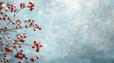 Frosty red rowan berries amidst a winter morning landscape, perfect for a nature banner with a text placeholder.の素材